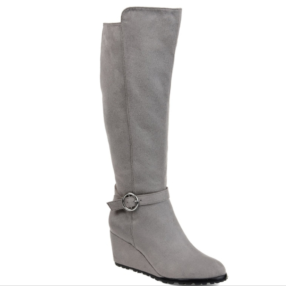 Gray Over the Knee Boots with Wedge Heel and Buckle
